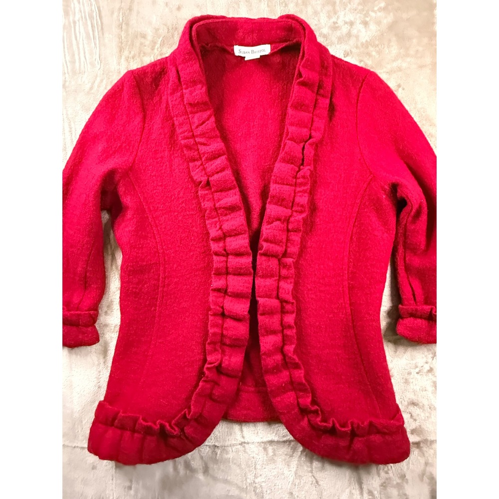 VTG Susan Bristol Red Wool Ruffle Trim Open Front Cardigan Romantic Coquette